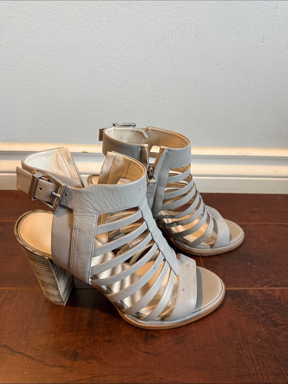 Kenneth Cole New York Light Gray Strappy Block Heel Sandals